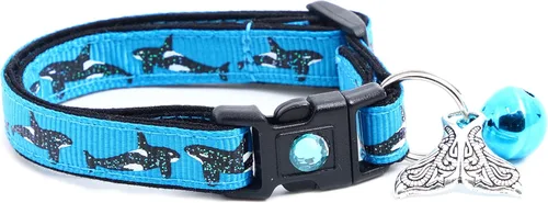 Vista 5 de Orca Whales on Red Cat Collar - Safety - Breakaway - Charm and Bell - Pugs2Persians (Small(10lbs & Less), Aqua)