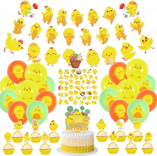 Decoraciones de fiesta de granja de pollos – Cartel de feliz cumpleaños, lindo cartel de pollo, decoración de pasteles, globos de látex, calcomanía