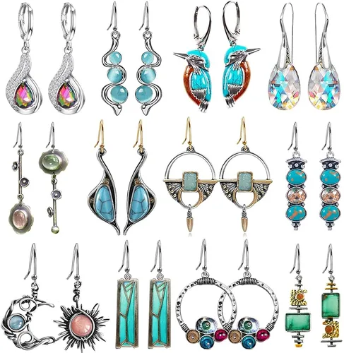 12 Pairs Teardrop Druse Crystal Drop Dangle Earrings for Women Girls Cubic Zirconia Huggie Hoop Earring Jewelry Set Christmas Gifts