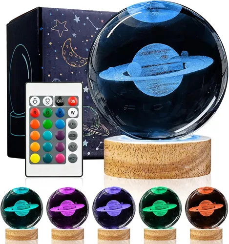 Vista 12 de Luz nocturna de bola de cristal de ajolote 3D con control remoto, lámparas de bola de vidrio de ajolote de 3.15 pulgadas con base de madera LED