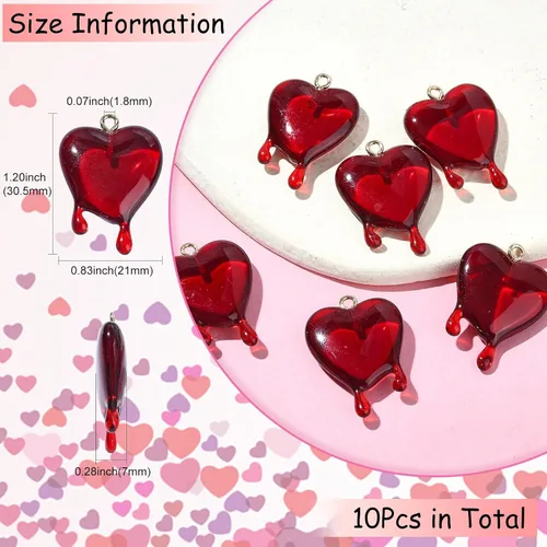 Vista 2 de Ipotkitt 10 dijes de corazón fundido transparente rojo con parte trasera plana, dijes de corazón de San Valentín en forma de corazón para el día
