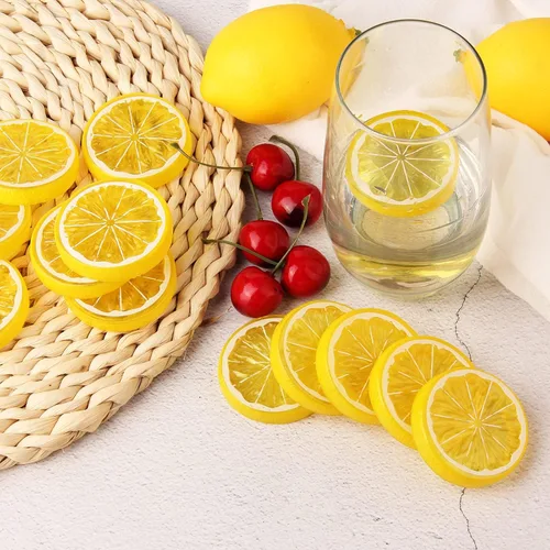 Vista 4 de 20 piezas de mini rebanadas de imitación de frutas de limón, modelo de fruta artificial falsa de plástico, adorno decorativo de boda, decoración