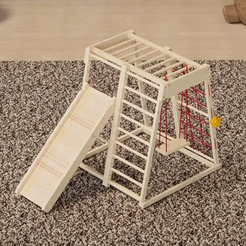 Vista 3 de ATT Gimnasio de escalada para niños pequeños, juego de escalador de madera para niños, pared de escalada en roca, tobogán, columpio, barras de mono