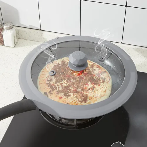 Vista 4 de Juego de 2 tapas universales de vidrio templado ventilado para ollas, sartenes y cacerolas con cubierta antisalpicaduras de silicona resistente al