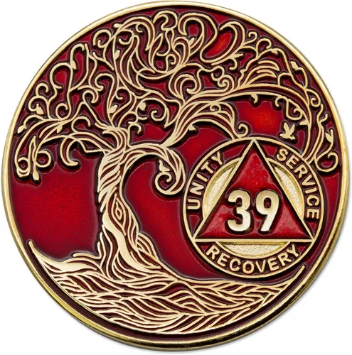 Vista 113 de 1 año Sobriety Mint Twisted Tree of Life Medallón de recuperación AA chapado en oro, chip/ficha - negro