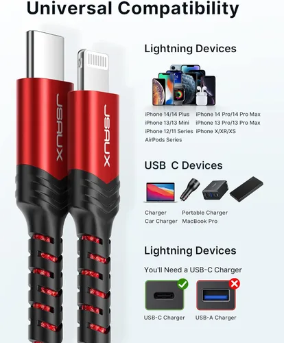Vista 7 de JSAUX Cable USB C a Lightning de 6 pies, [certificado Apple MFi] Cable de iPhone compatible con iPhone 14/14 Plus/14 Pro/14 Pro Max/13/13 Mini/13