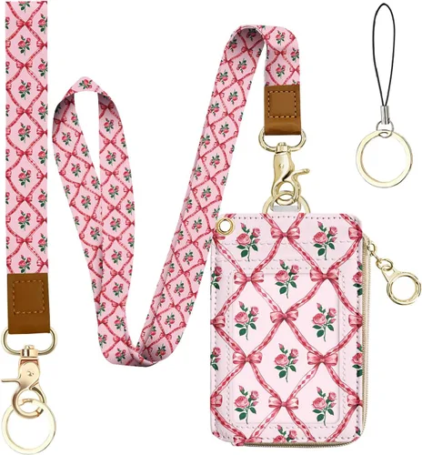 Vista 36 de bolimoss Cordón con cartera, funda de identificación con cremallera y cordón, soporte para credencial, cartera con cordón para mujer, cartera