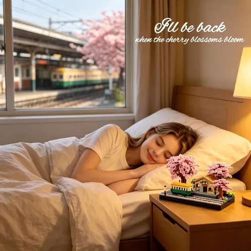 Vista 7 de Juego de bloques de construcción de micro bloques de construcción japoneses de cerezo en flor para adultos, modelo de mini ladrillos, casa