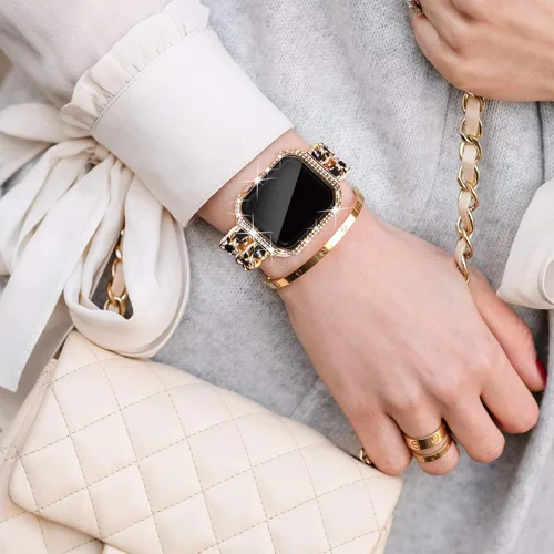 Vista 6 de NewWays Paquete de 2 carcasas con diamantes brillantes para Apple Watch de 1.772 pulgadas para mujer, parachoques protector con diamantes totalmente