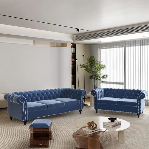 Vista 11 de Juego de 2 piezas para sala de estar, sofá loveseat Chesterfield de terciopelo con silla, brazos enrollados y tachuelas para sala de estar, oficina