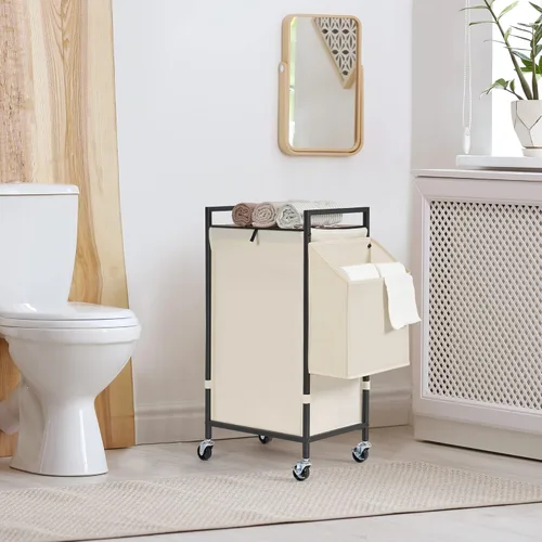 Vista 2 de Cesta de lavandería con tapa marrón rústico y ruedas; cesta grande de lavandería con ruedas de 96L con bolsa de forro Oxford extraíble; canasta alta