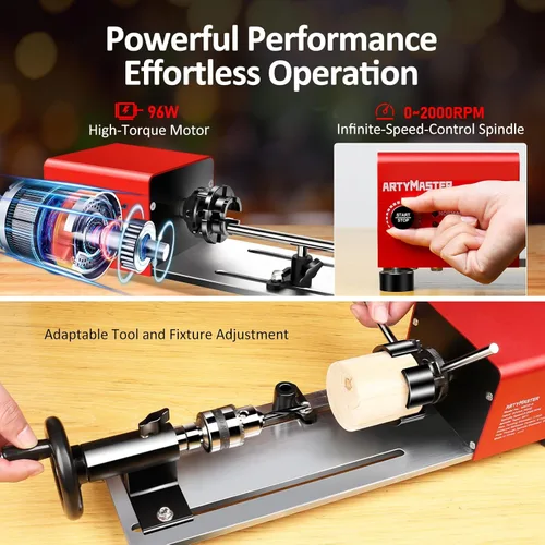Vista 4 de Mini torno WM101A-Plus, mini torno de madera, torno eléctrico de 24 V CC 96 W, pequeño torno de sobremesa con kits de herramientas de torno
