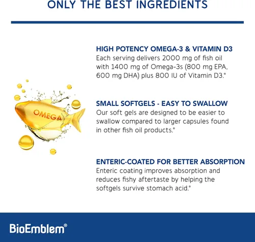 Vista 3 de BioEmblem Aceite de pescado Omega-3 de 2000 mg, cápsulas blandas de tamaño pequeño, forma de alta absorción, sostenible - 1400 mg EPA y DHA más