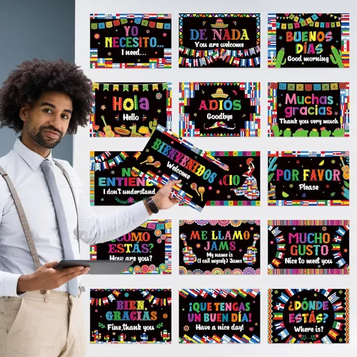 Vista 4 de Supervitae 16 pósteres en español, decoración para el aula, palabras en español, frases, póster bilingüe de lenguaje educativo, tablón de anuncios