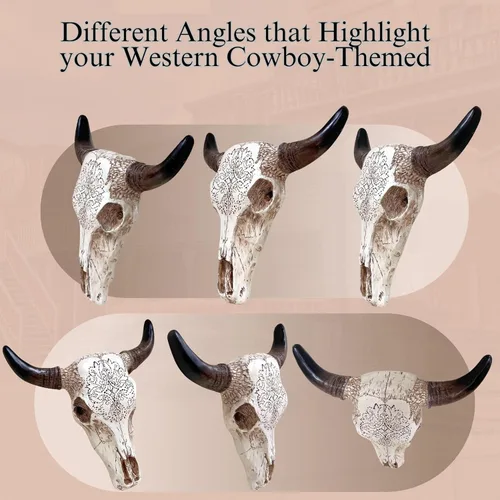 Vista 4 de BestGiftEver Arte de pared rústico tribal con cabeza de toro, arte de pared de calavera de toro blanco con herramientas - Decoración occidental
