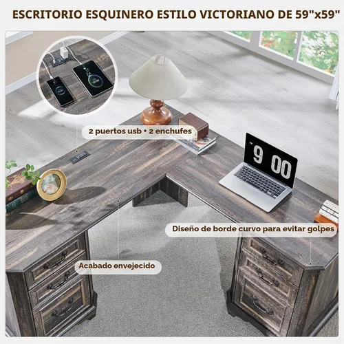 Vista 4 de T4TREAM - Escritorio ejecutivo en forma de L de 59 pulgadas con cajones, escritorio de computadora de madera estilo granja, con estación de carga