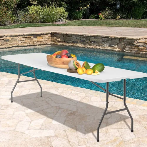 Vista 7 de Mesa plegable de 8 pies, mesas plegables de plástico resistente con asa de transporte, mesa plegable por la mitad ligera con función de bloqueo