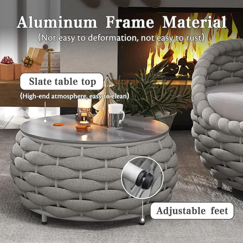 Vista 7 de Juego de 4 piezas de sofá de aluminio para exteriores e interiores, juego de muebles de patio moderno con cojín suave y mesa auxiliar para balcón