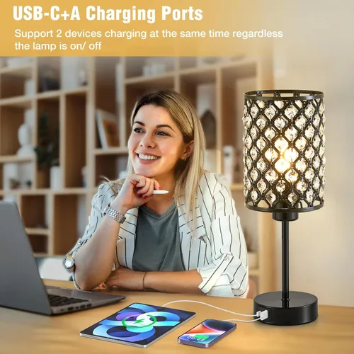 Vista 4 de GyroVu - Lámpara de mesa de cristal, lámpara negra para mesita de noche del dormitorio con puertos USB C+A, lámpara táctil regulable con pantalla