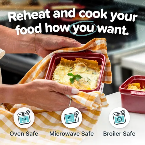 Vista 3 de Souper Cubes Juego de 2 platos pequeños de cerámica para hornear de 5 x 5 pulgadas con fundas de silicona, cacerolas pequeñas para horno, juego de 2
