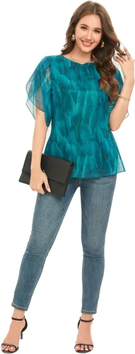 Vista 5 de Oyamiki Blusas de gasa fluidas de media manga para mujer con cuello redondo