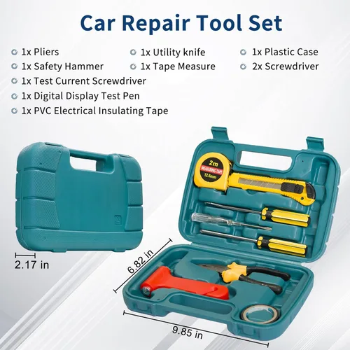 Vista 7 de XOOL Kit de emergencia para automóvil con cables de puente, kit de primeros auxilios, correa de remolque y juego de herramientas – Kit de seguridad