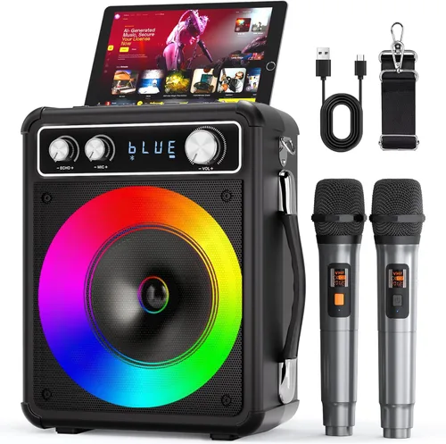 VOSOCO Máquina de karaoke, altavoz portátil de karaoke Bluetooth con 2 micrófonos inalámbricos, sistema PA para adultos y niños con luces LED y