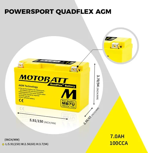 Vista 4 de MotoBatt Reemplazo de batería AGM sellada MB7U de 12 voltios y 6.7 Ah - YT7B-BS/YT7B-4