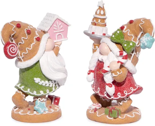 Vista 7 de Hodao Dúo de gnomo de pan de jengibre navideño: decoración de mesa de resina pintada a mano con pastel y casa, repisa, bandeja escalonada