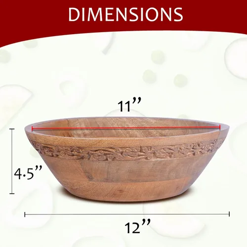 Vista 2 de Mela Artisans Frutero de madera Acabado medio quemado Tazón grande de madera de mango de 12 pulgadas Multiuso para encimera de cocina