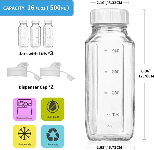 Vista 4 de Syntic Botellas de jugo de vidrio con tapas, paquete de 3 botellas de agua de vidrio transparente con 2 boquillas de vertido, jarra de leche