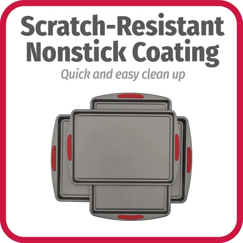 Vista 4 de GoodCook MegaGrip - Juego de 3 bandejas de acero antiadherente multiusos con asas de agarre de silicona, color gris