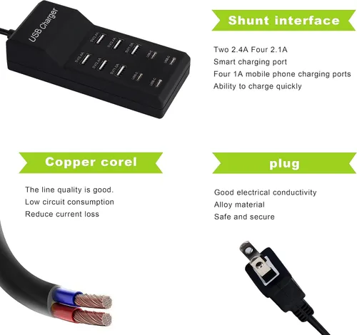 Vista 6 de Cargador USB, estación de carga USB de 50 W con 10 puertos (6 puertos USB-A y 4 puertos USB-C) compatible con iPhone 15/14/13/12/11/X/8/7/6