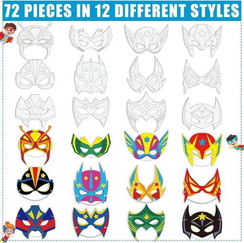 Vista 3 de Sosation 72 máscaras de héroe para colorear tus propios héroes, manualidades para niños, kits de fabricación de máscaras de héroe en blanco de papel