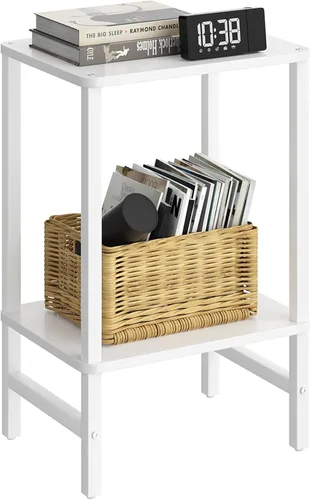 Vista 12 de YUFAM Mesa auxiliar alta de noche de 2 niveles para sala de estar, dormitorio, baño, muebles de oficina, color negro