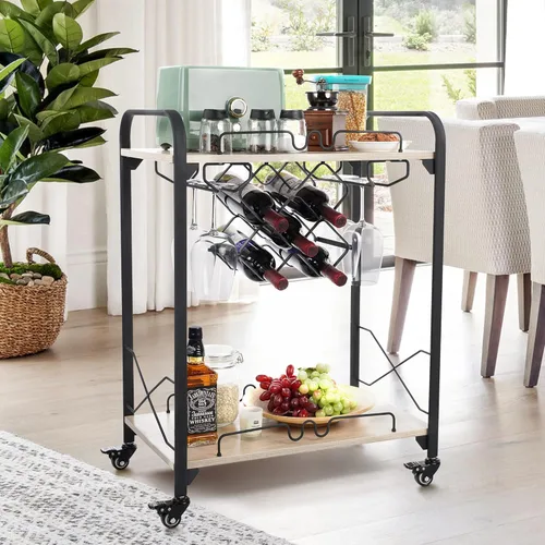 Jubao Carritos de bar para el hogar, carrito móvil de 2 niveles con estantes para vino y soportes para vasos, carrito de vino con ruedas, carrito de