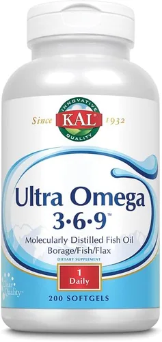 KAL Ultra Omega 3-6-9 1200mg | Aceite de pescado con aceite de linaza prensado en frío y borraja | Piel, cabello, corazón, memoria | 200 cápsulas