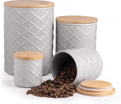 Vista 8 de Sweejar Juego de recipientes de cerámica para encimera de cocina, tarro de almacenamiento de alimentos en relieve con tapa de bambú, recipiente