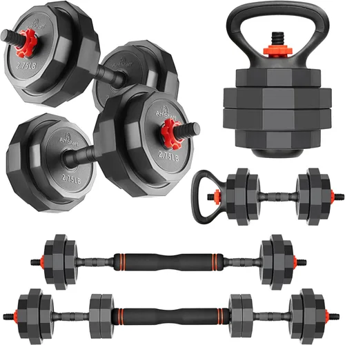 AmStaff 3-in-1 Adjustable Dumbbell, Kettlebell, Barbell Set, 2-43lbs, 12 Weight Levels, Compact Multifunctional Home Gym, Enhanced Transition,