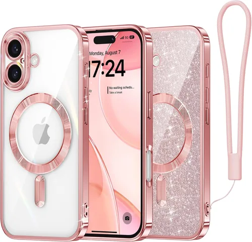 Vista 77 de Meifigno Funda diseñada para iPhone 16 de 6.1 pulgadas, [tarjeta con purpurina y correa de muñeca] [compatible con MagSafe] Protección completa