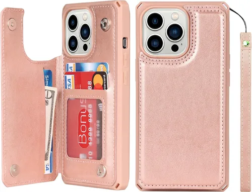 Vista 19 de iCoverCase Funda compatible con iPhone 13 Pro tipo cartera con tarjetero para mujer, bloqueo RFID en relieve, de piel sintética, con correa