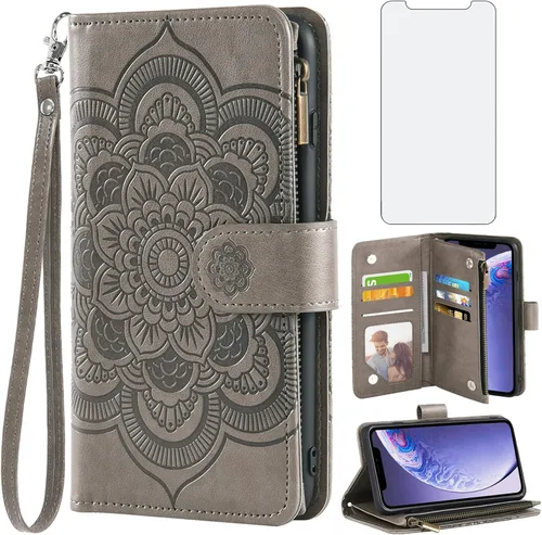 Vista 10 de Asuwish Funda de teléfono para iPhone 11 6.1 con protector de pantalla de vidrio templado y tarjetero de cuero con diseño de flores para tarjetas