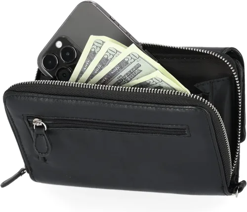 Vista 3 de MUNDI - Cartera de mano espaciosa con correa extraíble para la muñeca y función de bloqueo RFID para mujer, negro, L