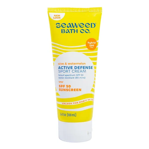 Seaweed Bath Co. Active Sport Defense Cream SPF 50 - Protector solar híbrido de amplio espectro con óxido de zinc, aloe y sandía, protector solar