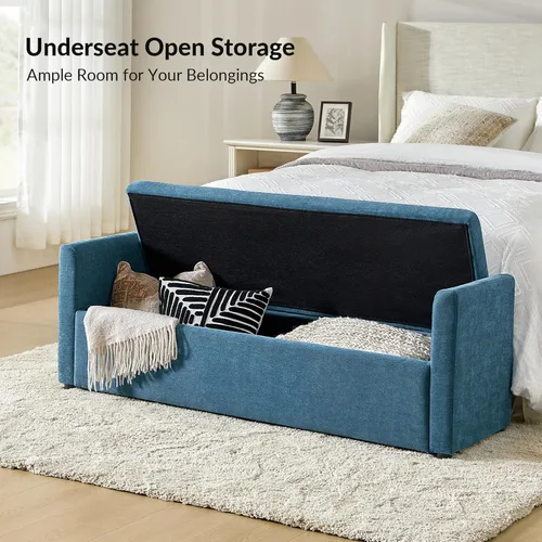 Vista 10 de HULALA HOME Banco otomano moderno de almacenamiento con almohadas, banco extra largo de dormitorio de 59.4 pulgadas para pie de cama, cómodo Azul