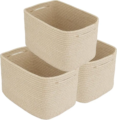 Vista 11 de Cesta de almacenamiento de cuerda de algodón, cesta tejida para organizar estantes, 15 x 10 x 9.3 pulgadas, cestas decorativas rectangulares