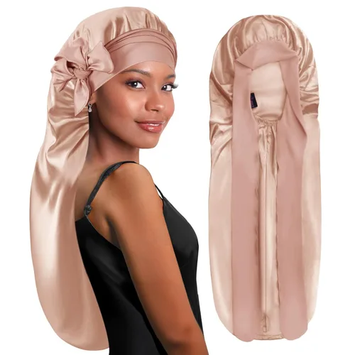 BONNET QUEEN Gorro de Seda para Trenzas Plegable Extra Largo con Banda de Amarre para Trenzas, Gorro de Satén con Banda de Amarre, Gorro Largo para