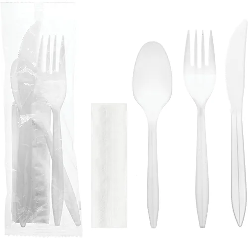 Vista 6 de Party Essentials Paquetes de cubiertos de plástico envueltos individualmente, tenedor/cuchara/cuchillo/servilleta, 50