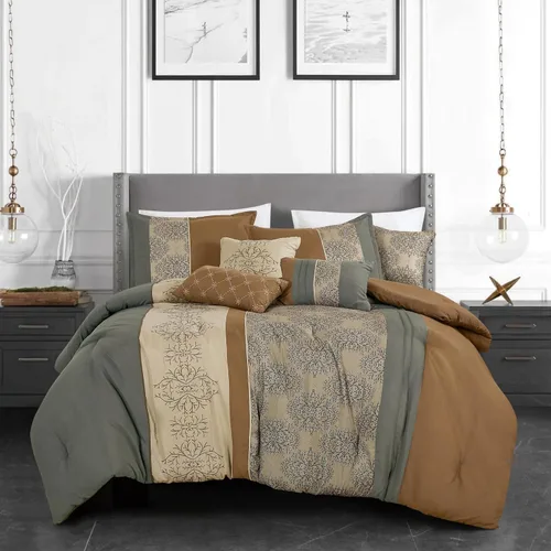 Vista 17 de ESCA Juego de edredón Hypatia beige de 7 piezas, tamaño Queen, bordado, estilo bohemio, ropa de cama floral