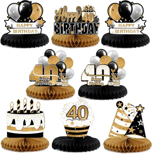 Vista 128 de LINGTEER Decoración de mesa de papel para pastel de 10 cumpleaños, color negro y dorado - Juego de 8 piezas, globos de estrella de pastel, centro